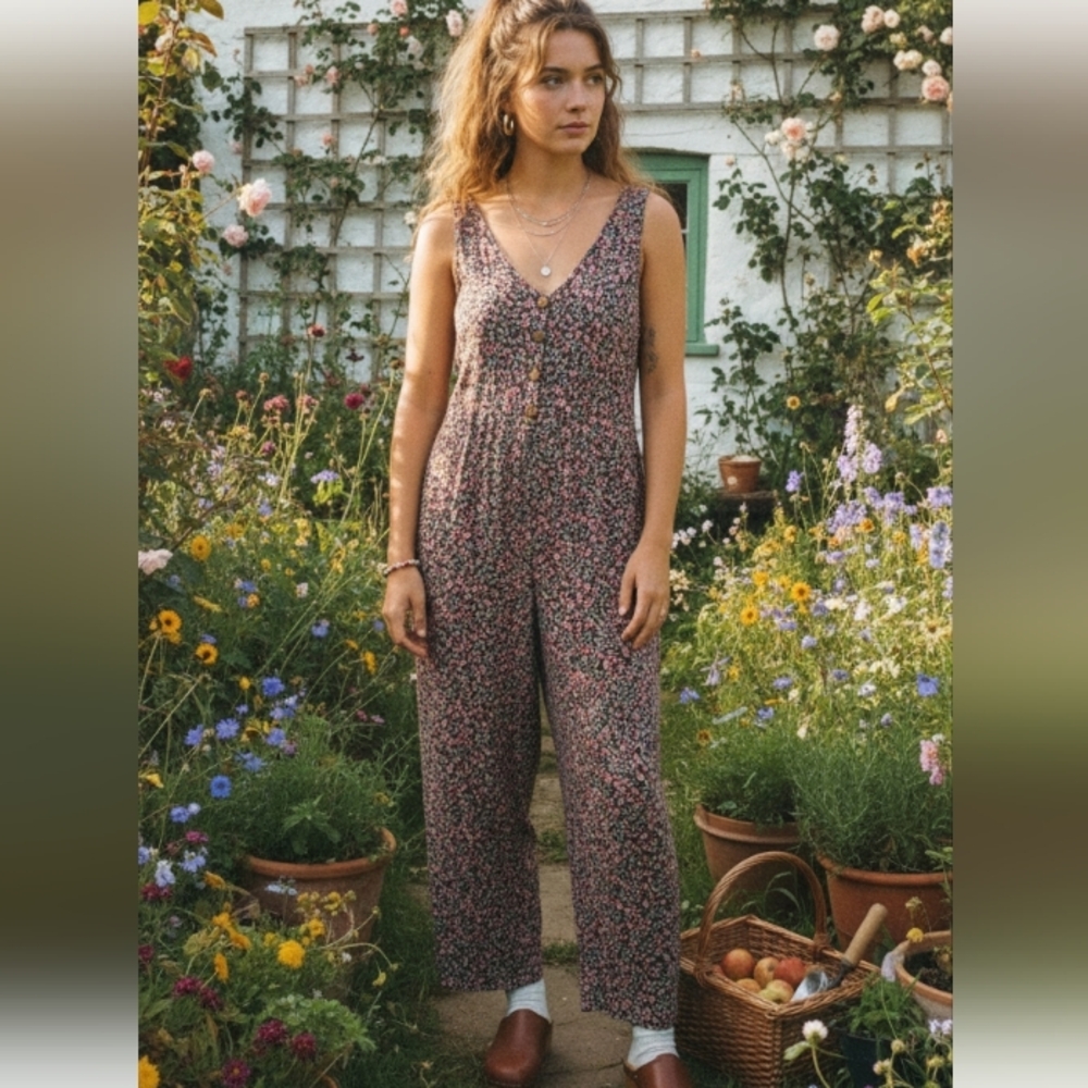 Vintage 90s Mimi Chica Wide Leg Crop Ditsy Floral Jumpsuit Small Cottage Kidcore